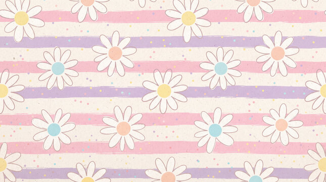 Seamless pattern with cute daisies, pastel pink and purple stripes, and colorful confetti dots, retro aesthetic spring floral background