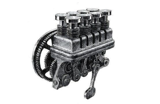 Close-up of mechanical carburetor with throttle cable