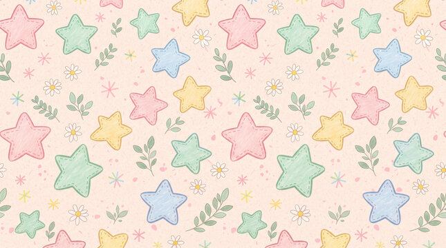 Cute seamless pattern with handdrawn stars, daisies, and leaves on a soft pastel pink background