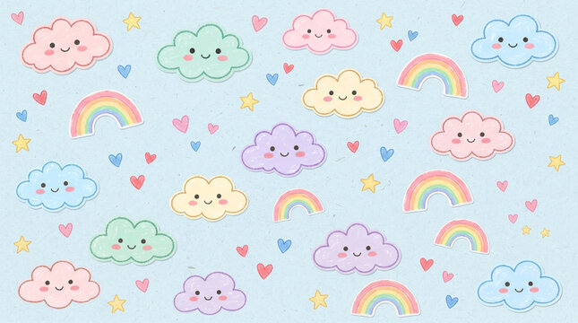 Cute seamless pattern with smiling clouds, colorful rainbows, stars, and hearts on a light blue background for childrens design
