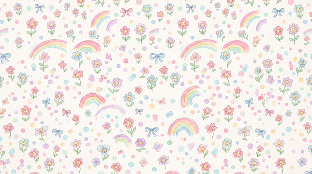 Seamless pattern with cute smiling flowers, rainbows, and bows on a white background