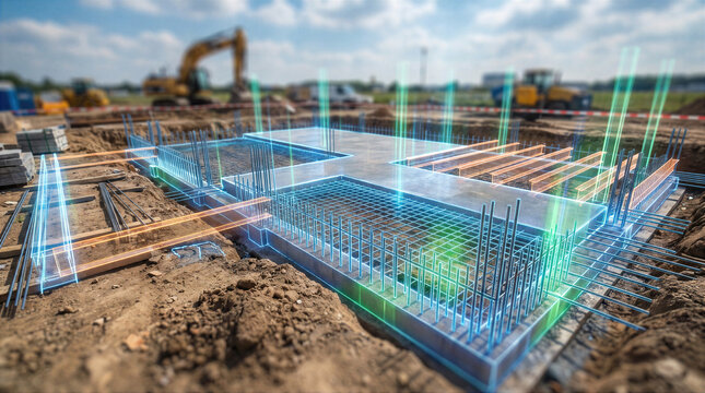 Building construction site with digital wireframe overlay for engineering and planning. Foundation, rebar, and framework blend with technology for smart infrastructure development and design.