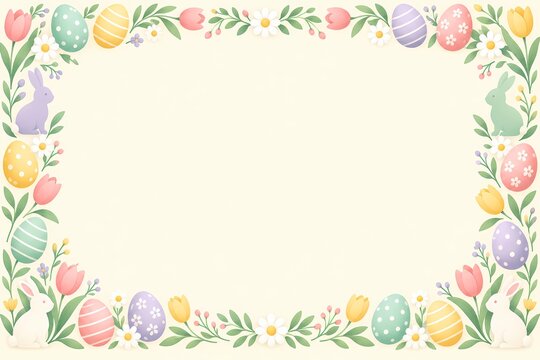 Easter pastel border frame with decorated eggs bunnies and spring flowers on cream background