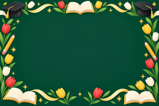 Graduation and school entrance border frame with tulips caps and books on chalkboard green