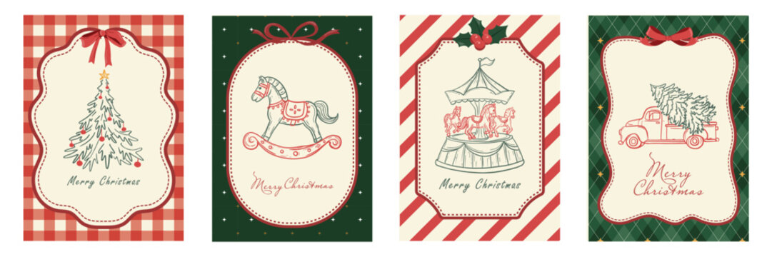 Set of four vintage Christmas cards with tree, toys and festive plaid frames. vector illustration
