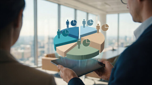 Business analytics and data visualization display a floating pie chart with demographic segments above a tablet, symbolizing market share, statistics, and corporate strategy in modern office.