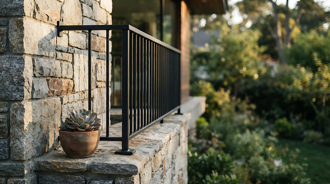 Black metal railing on a stone balcony in a garden