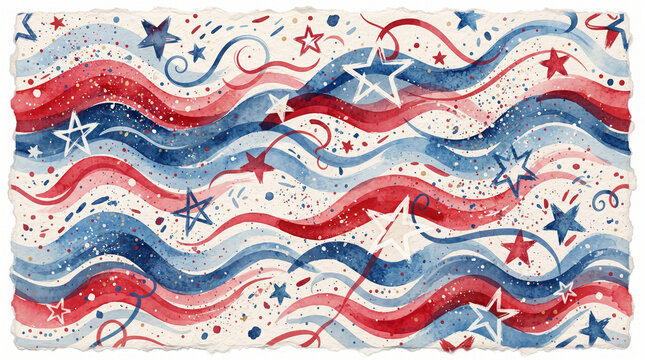 Watercolor patriotic background with red and blue wavy stripes and stars, festive american holiday design for 4th of july celebration