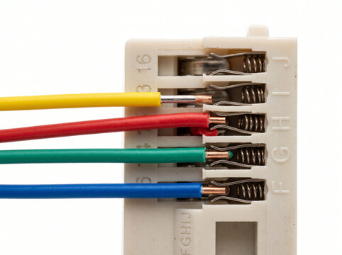 Close up view of multi colored wires inserted into breadboard terminals for connections now.