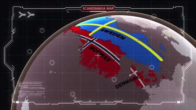 A futuristic digital map of Scandinavia featuring Sweden, Norway, and Denmark, Scandinavian Map,