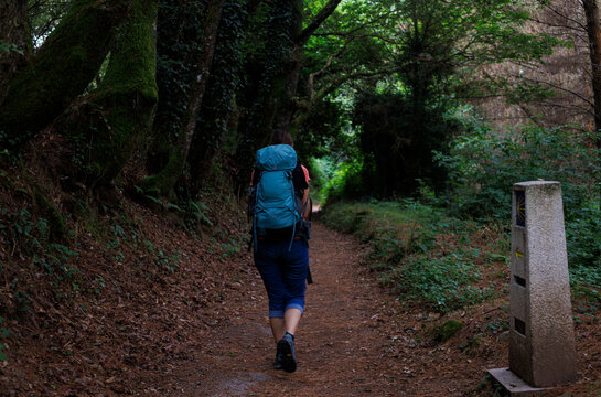 Woman Hiker with Backpack on Forest Path, Galicia, Spain