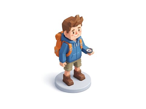 Cartoon hiker holding compass ready for outdoor adventure