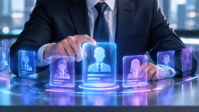 Human resources management and recruitment concept with businessman selecting employee profile from digital network, representing hiring, staffing, talent search and career development strategy.