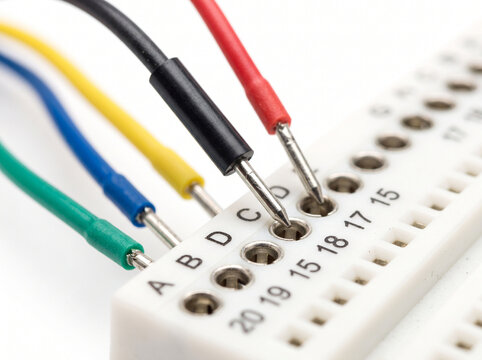 Macro view of jumper wire male pins inserted into white plastic breadboard terminal socket.