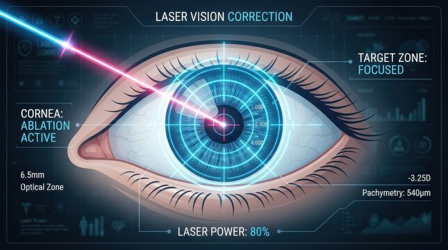 Medical digital interface showing laser eye surgery vision correction with blue light scanning overl
