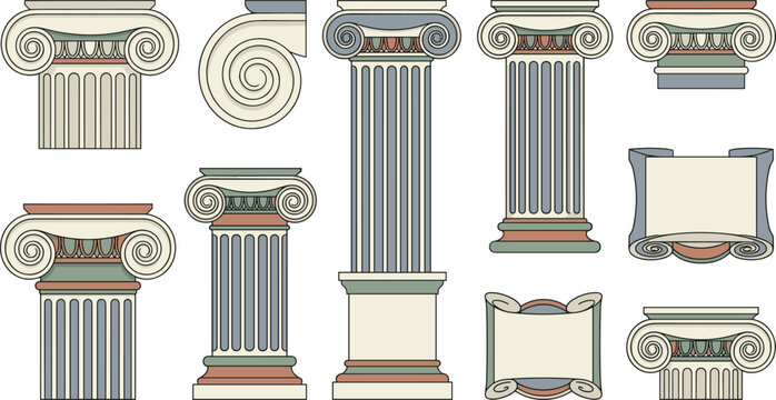 Classical Greek Architecture Column Collection with Decorative Ionic Capitals, Fluted Pillars, Pedestals, Scroll Details, and Ancient Ruins Elements