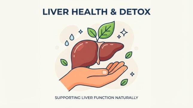 A conceptual graphic design showing a human hand holding a healthy liver with green leaves and water