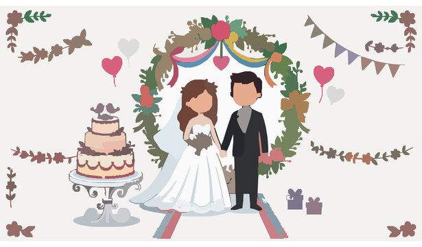 Cute Wedding Couple with Floral Wreath and Tiered Cake Vector