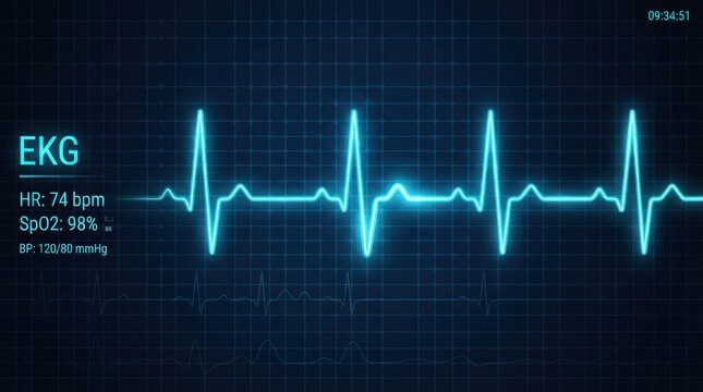 A detailed digital display of an ekg heart rhythm monitor showing vital signs on a dark blue grid sc