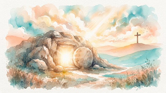 Watercolor illustration of the empty tomb of jesus with a glowing entrance and a cross on a distant hill at sunrise