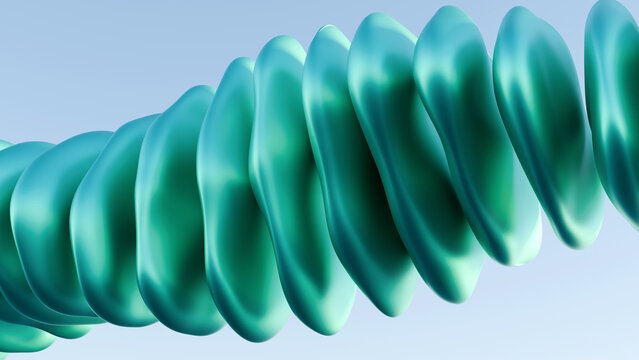 Abstract 3D organic green disc structures, ideal for biology science visuals, medical technology presentations, bio-tech backgrounds, and digital banners