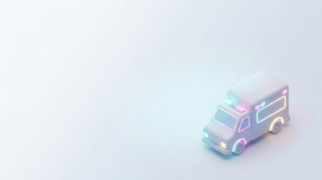 3D Isometric Ambulance Vehicle with Neon Glowing Accents and Soft Lighting Isolated on White Background for Emergency Medical Service Concept