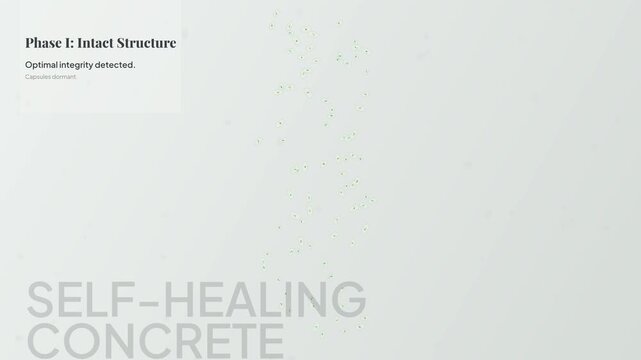 Educational animation showing the phase by phase process of self-healing concrete using bacillus subtilis bacteria to repair micro fractures and restore structural integrity