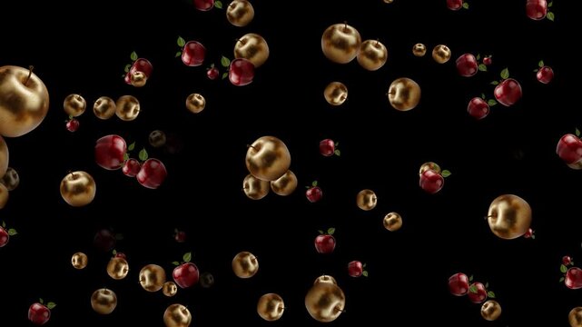 Elegant Floating Red And Gold Apples Drifting Slowly Against A Pitch Black Background In A Premium Surreal Graphic Animation Featuring Highly Glossy Metallic Fruits With Fresh Green Leaves In Dramatic