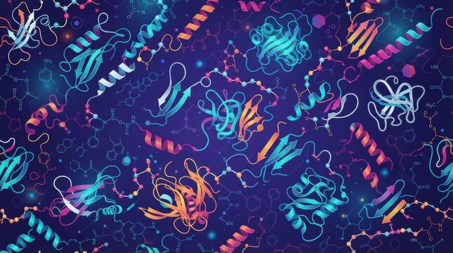 Abstract seamless background with colorful 3d protein and peptide molecular structures on dark blue