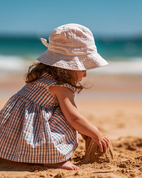 Joyful Child Crafting Intricate Sandcastle on Sunny Beach with Ocean Waves Glistening
