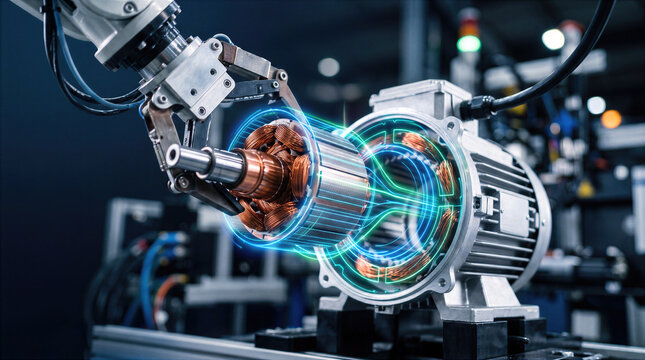 Robotic arm assembles electric motor with copper rotor and stator coils in automated factory, integrating engineering, automation, and technology for modern industrial manufacturing production.