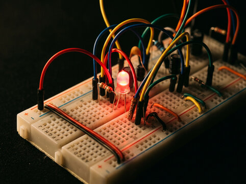 Glowing red led light on complex electronic breadboard circuit with tangled colored wires.
