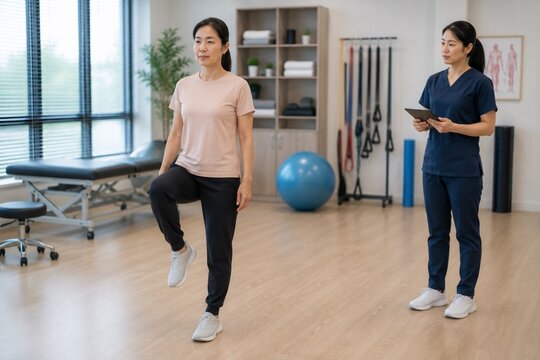 Asian woman performing single leg balance test during physical therapy assessment