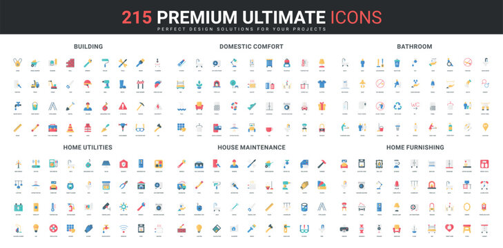 Building house, repair and maintenance service, public WC and bathroom color icon set. Electrical appliances and furniture of home apartment comfort, cleaning flat elements vector illustration