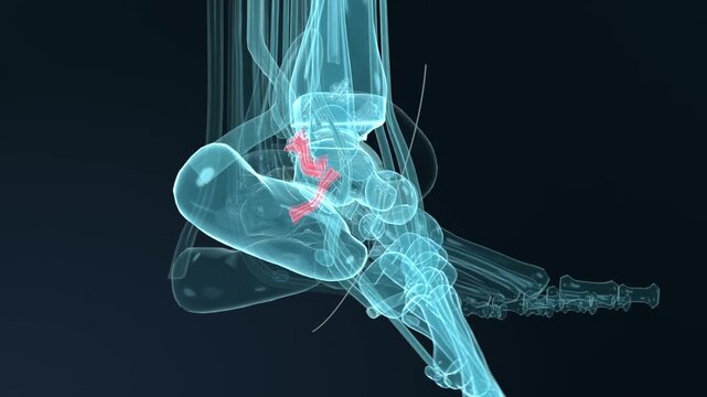 Animation starting 3D foot model plantarflexing and inverting in lab showing red ligament tension
