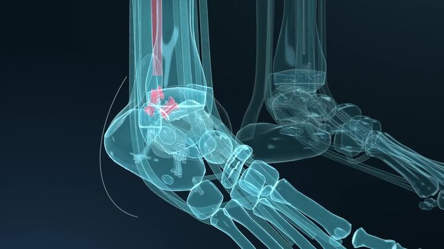Animating 3D skeletal legs pivoting left foot inward at ankle in studio, showing red tendon stress