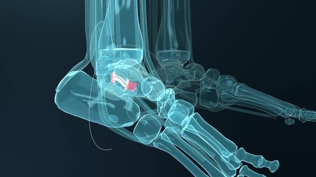 Rotating feet rendering revealing left heel on dark teal studio, showing red suture, heel pad