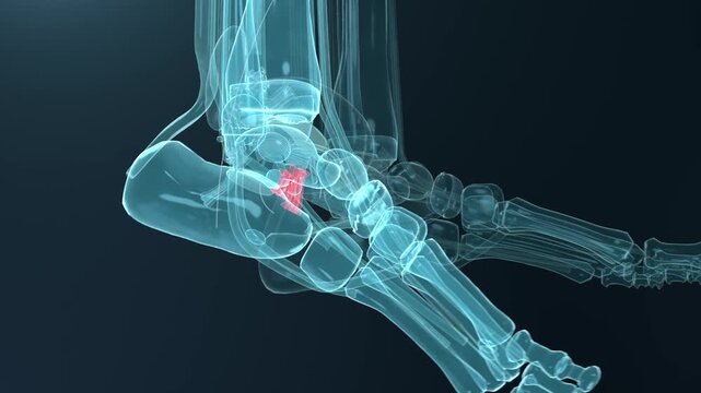 Camera panning showing xray foot bones rotating and zooming in medical render revealing red implant