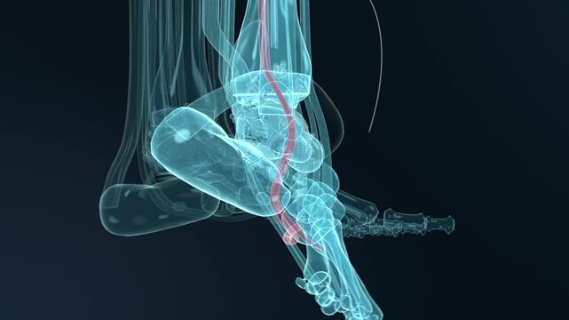 Animating translucent cyan foot and distal tibia model rotating downward at studio