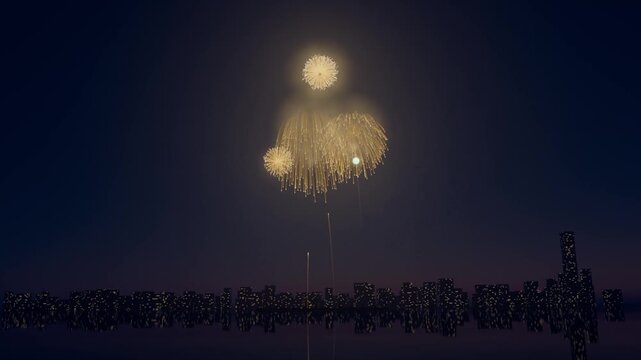 Rockets launching, golden chrysanthemum and willow bursts rising over city waterfront, celebrating