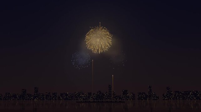 Launching barge firing bright trails and colorful shells over city harbor, producing smoke