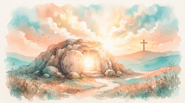 Watercolor illustration of the empty tomb of jesus christ with a glowing light and a cross on a distant hill at sunrise