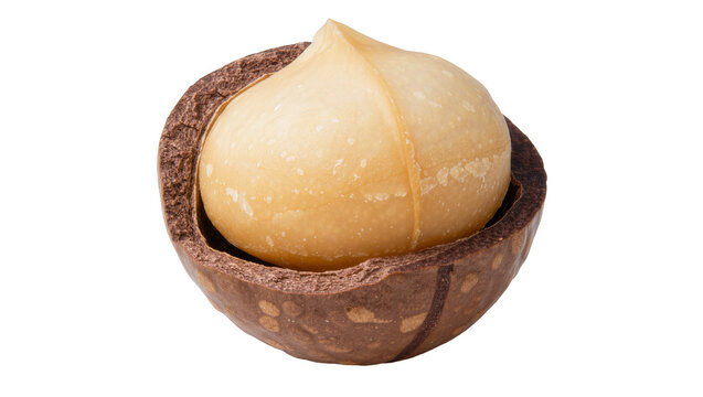 Whole macadamia nut with cracked brown shell, isolated on transparent background