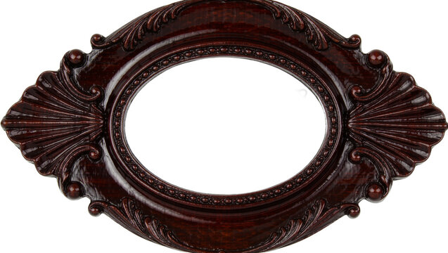 Ornate dark brown oval picture frame with shell embellishments, isolated on transparent background
