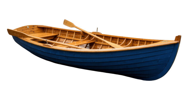 Wooden rowboat with blue hull and oars, isolated on transparent background