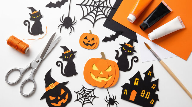 Halloween craft flat lay paper pumpkins, ghosts, bats, paints, scissors