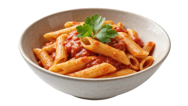 Penne pasta with rich tomato sauce and fresh parsley, isolated on transparent background