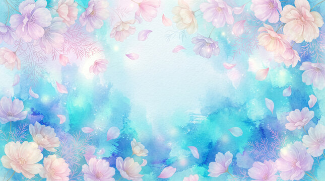 Beautiful watercolor background with soft pink flowers and petals on a dreamy blue artistic wash texture