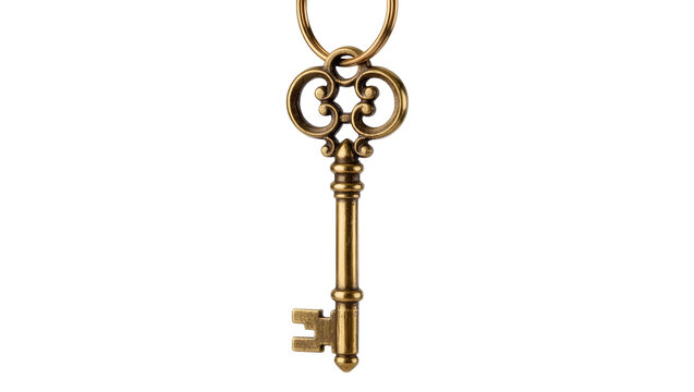 Antique ornate brass key with decorative scrollwork on bow, isolated on transparent background
