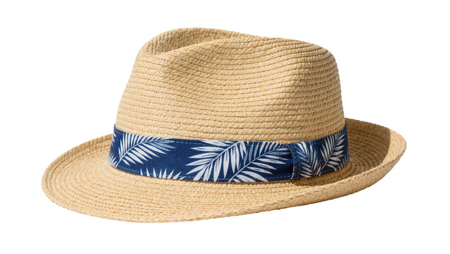 Straw fedora hat with blue palm leaf band, isolated on transparent background